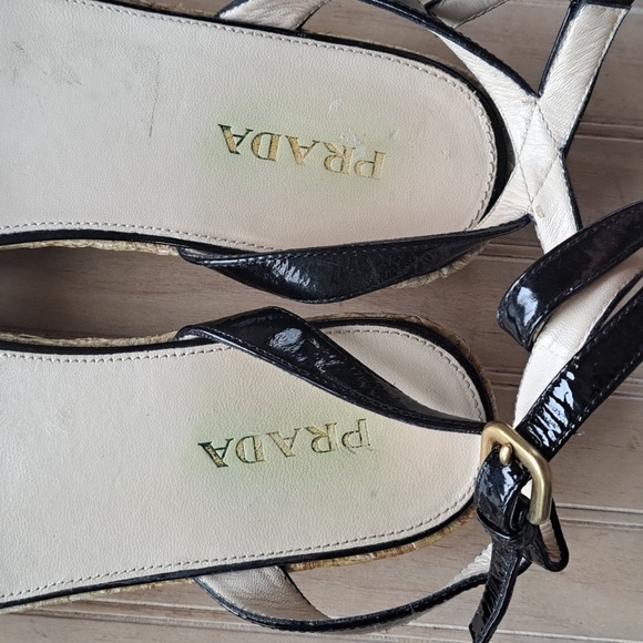 PRADA Black Patent Leather Espadrille Designer Platform Classy Strap Sandals - Picture 4 of 12